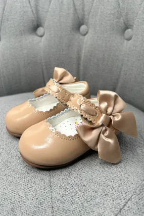 Camel Patent Leather Satin Bow Mary Jane Shoes
