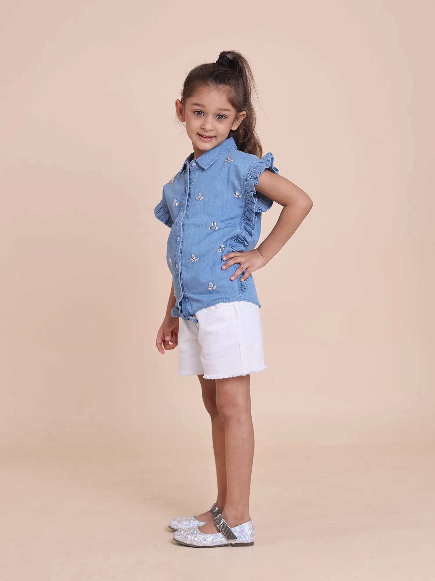 Girls' Denim Tie-Up Top with Rhinestone Handwork