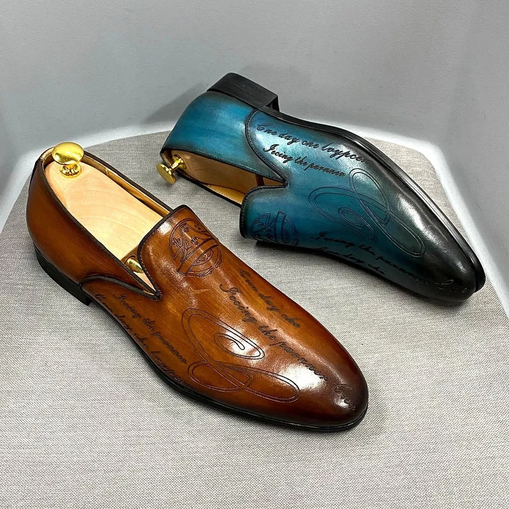 Italian Style Hand-Painted Letters Men's Shoes Genuine Leather Dress Shoes Men's Loafer Slip-on Business Casual Pumps