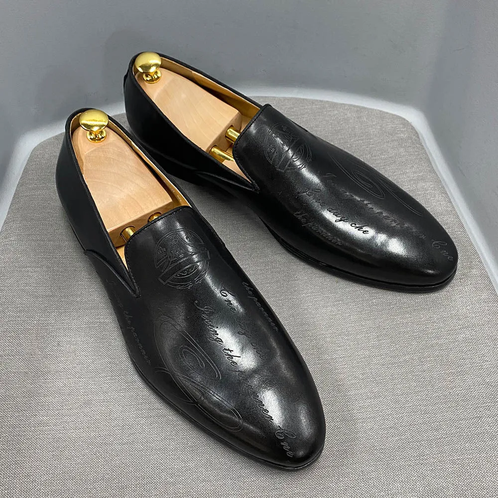 Italian Style Hand-Painted Letters Men's Shoes Genuine Leather Dress Shoes Men's Loafer Slip-on Business Casual Pumps