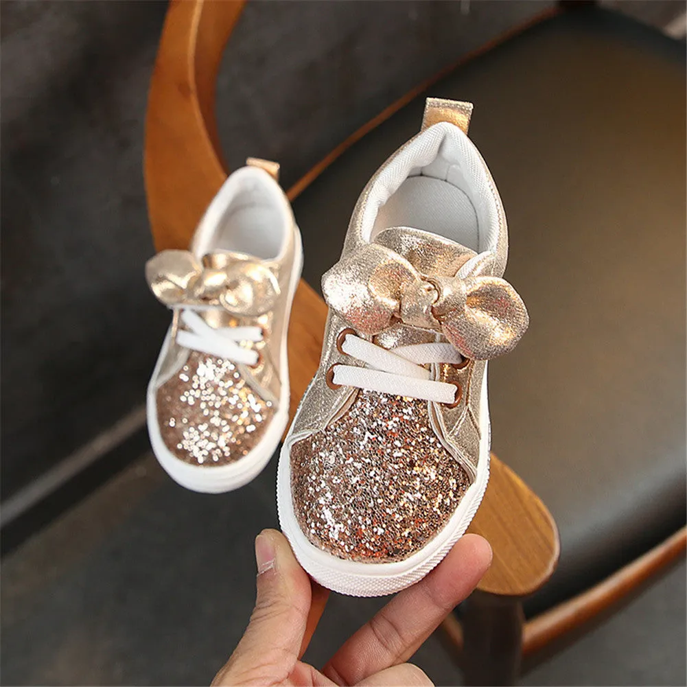 Kids Girls' PU Round-Toe Sparkle Bowknot Sequin Sneakers