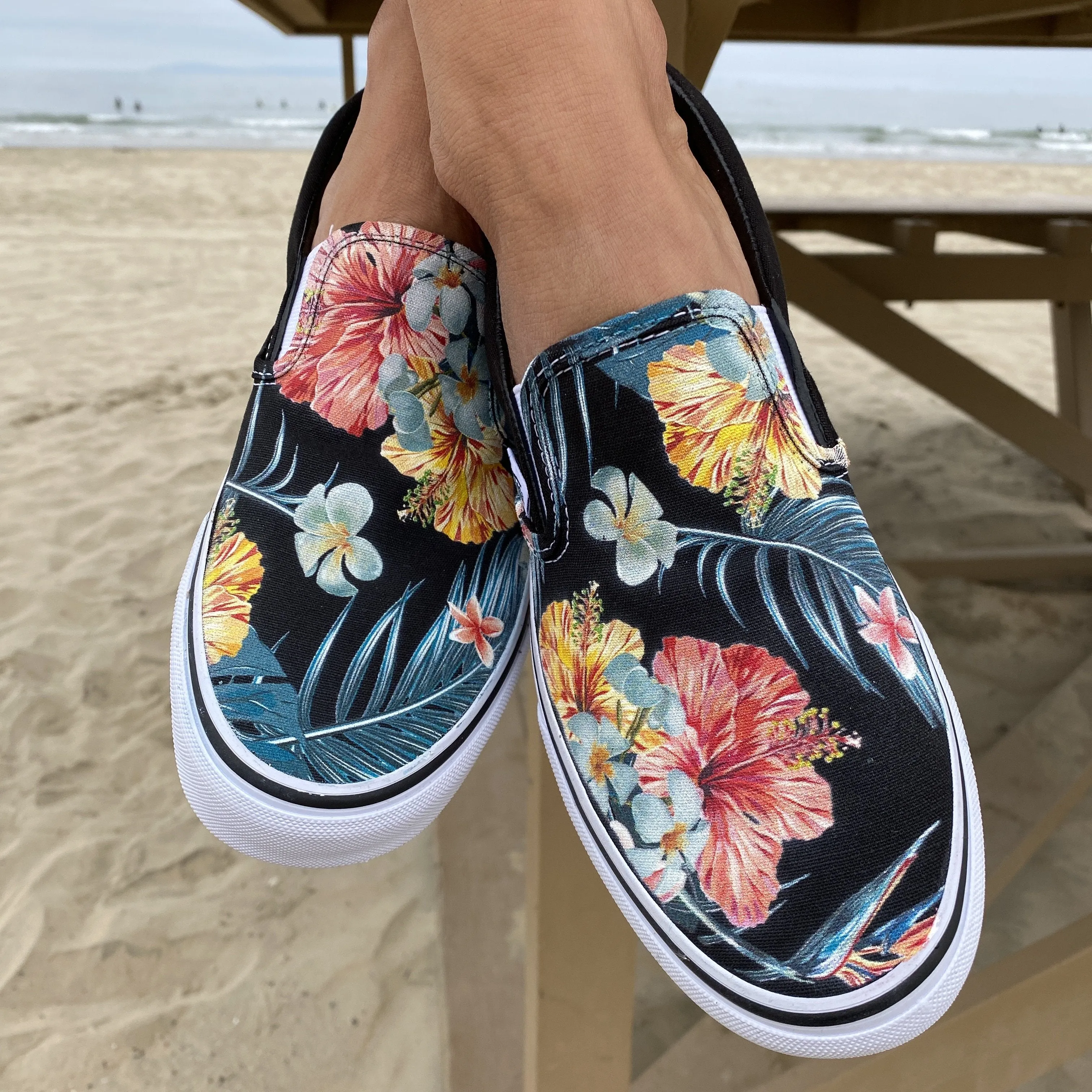 Kids Shoes - Tropical Hawaiian Black Slip Ons