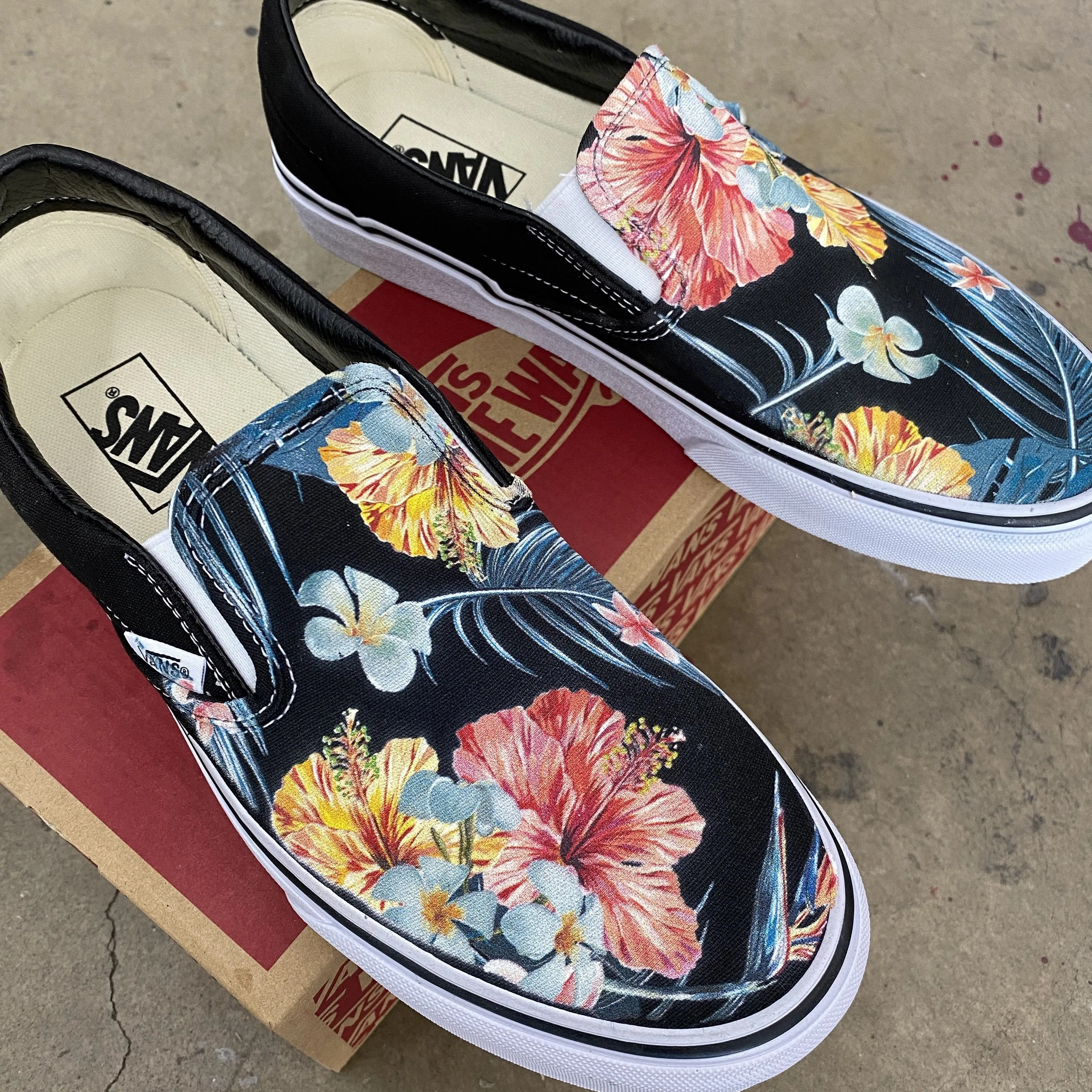 Kids Shoes - Tropical Hawaiian Black Slip Ons