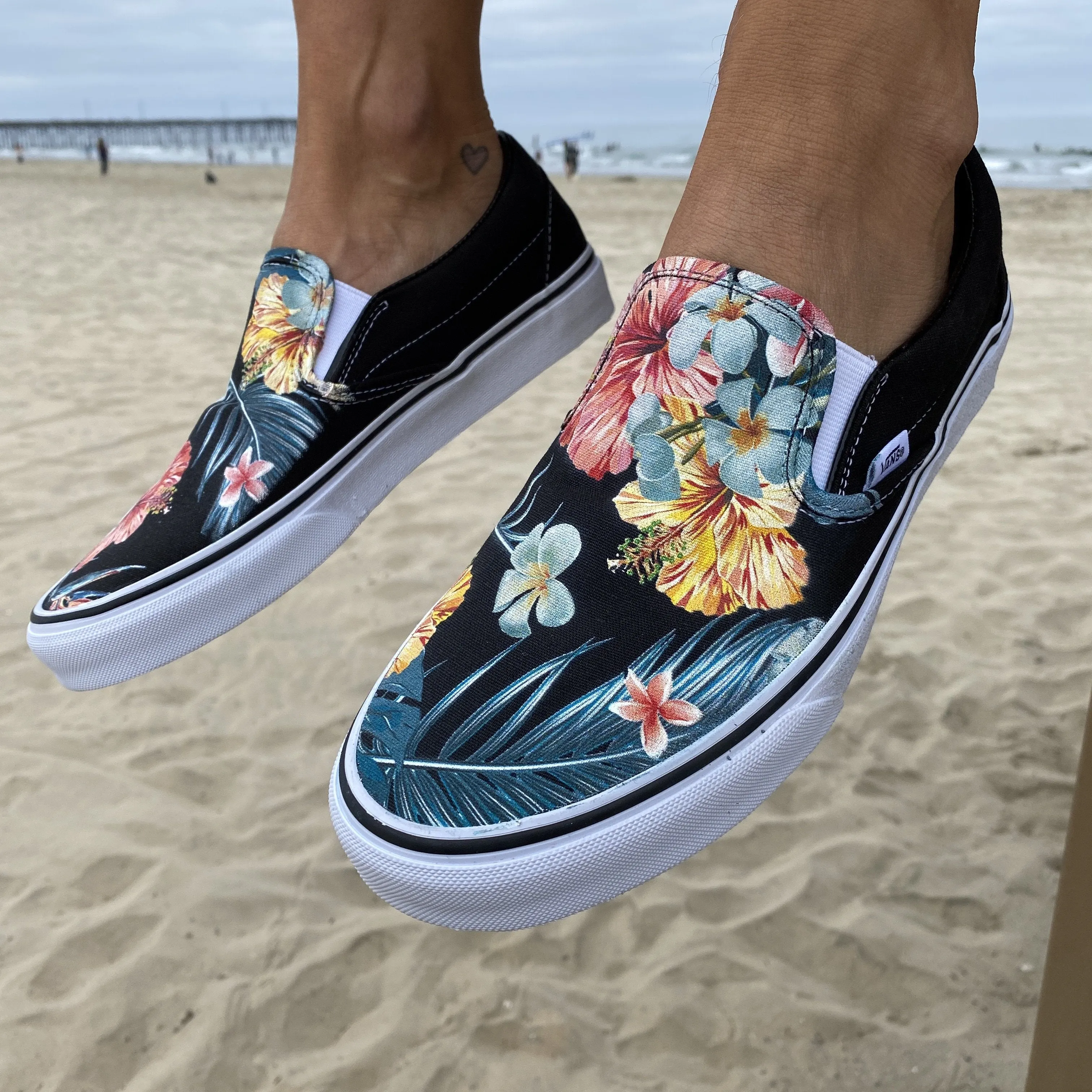 Kids Shoes - Tropical Hawaiian Black Slip Ons