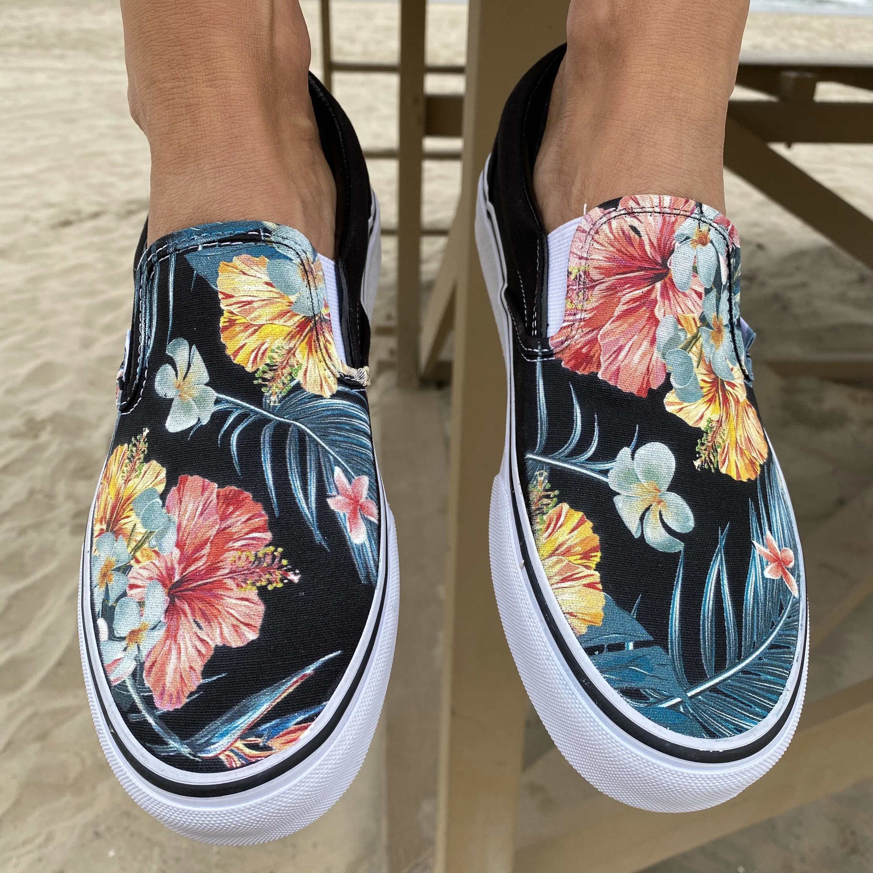 Kids Shoes - Tropical Hawaiian Black Slip Ons