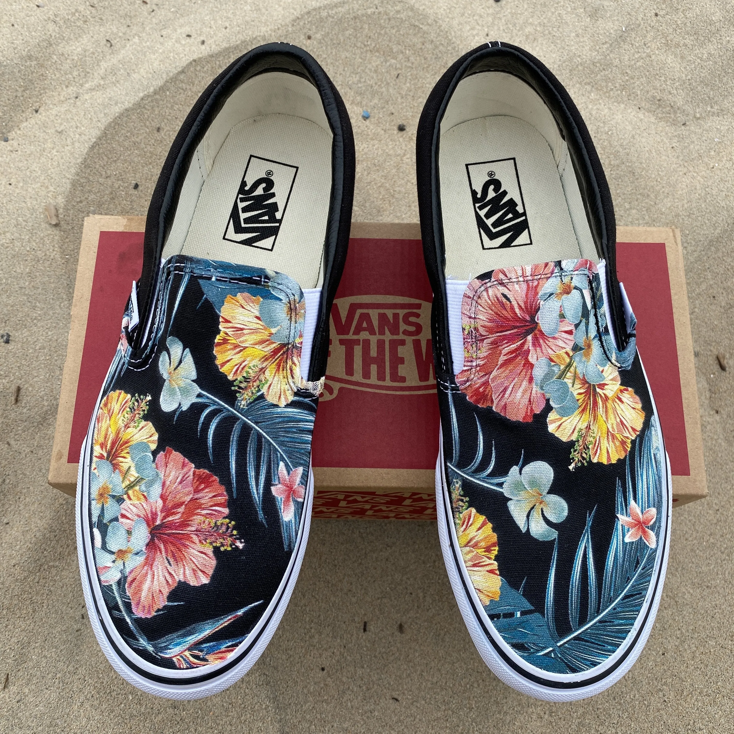 Kids Shoes - Tropical Hawaiian Black Slip Ons