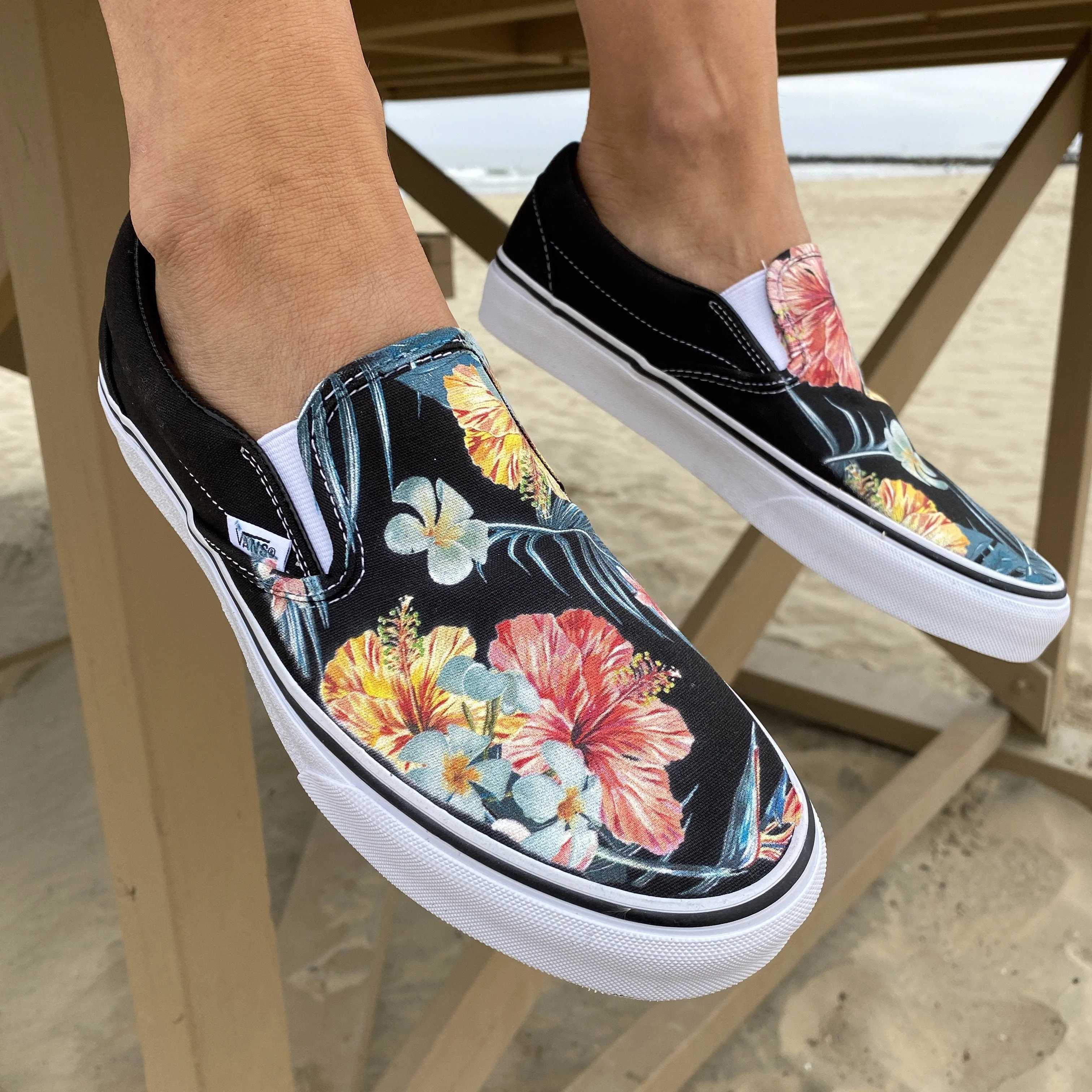 Kids Shoes - Tropical Hawaiian Black Slip Ons