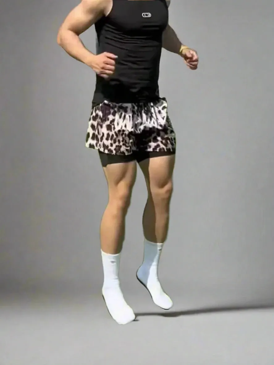 Men's Leopard Print Quick-Dry Running and Swimming Shorts for Gym and Fitness Activities