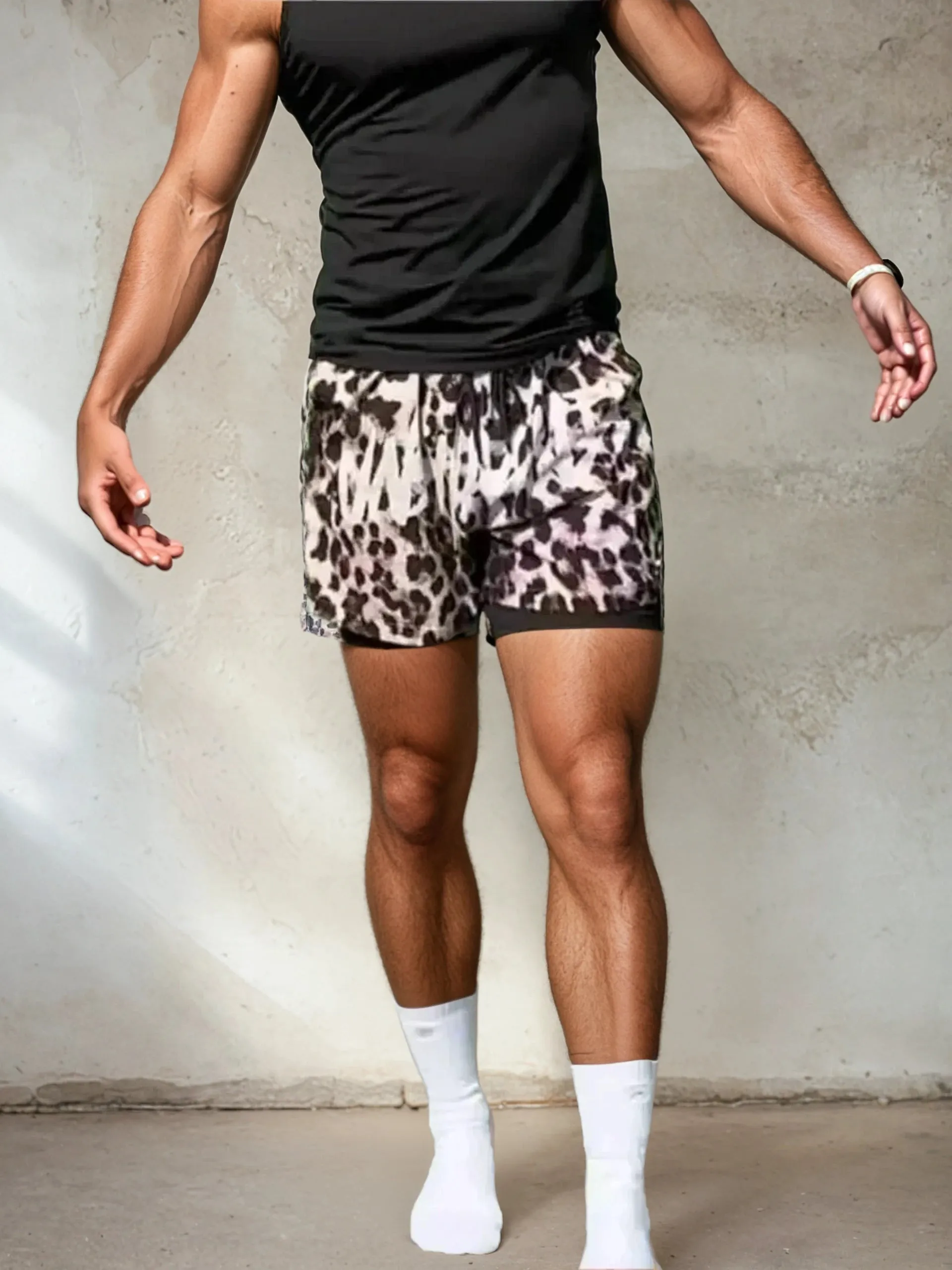 Men's Leopard Print Quick-Dry Running and Swimming Shorts for Gym and Fitness Activities