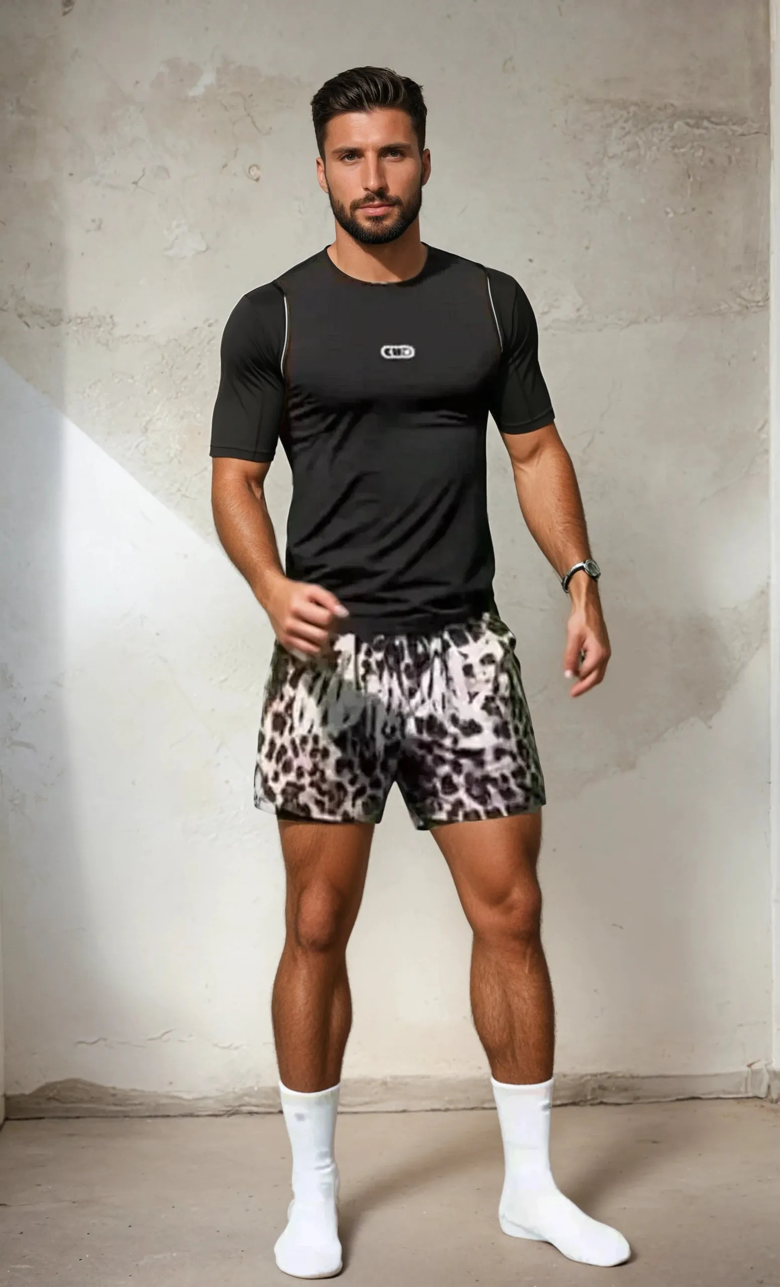 Men's Leopard Print Quick-Dry Running and Swimming Shorts for Gym and Fitness Activities