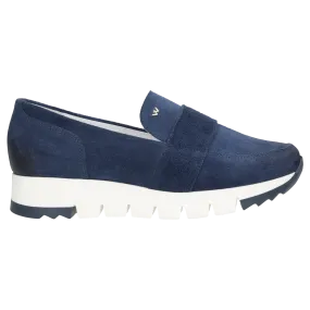 Wojas Dark Blue Leather Loafers with Silver Logo | 4613566